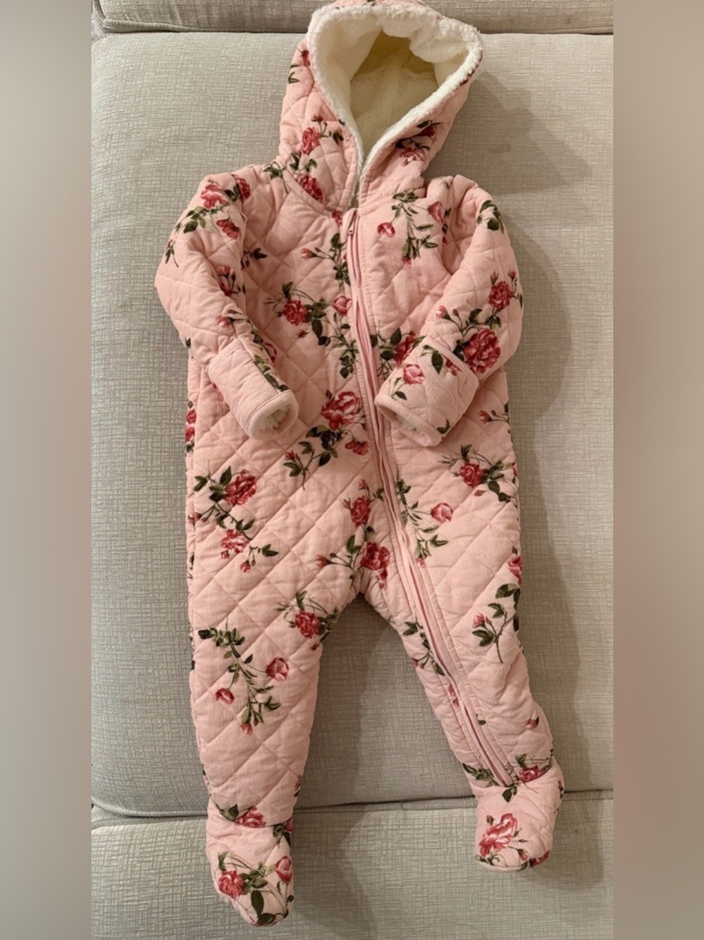Preowned Cozy Floral Quilted Pink Hooded Baby One-Piece
